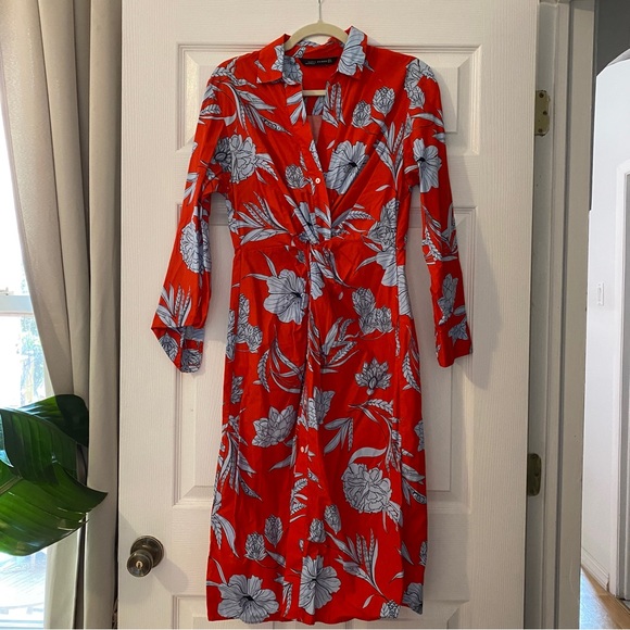Zara Dresses & Skirts - ZARA RED FLORAL DRESS WITH KNOT FRONT